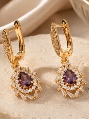 Indian Brand New Elegant 18k Gold Plated Drop Earrings In Simulant Amythest